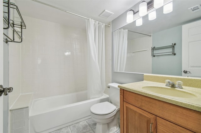 full bathroom with toilet, vanity, tile patterned floors, and shower / bath combination with curtain