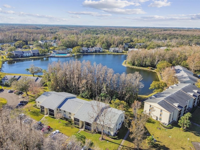 bird's eye view with a water view