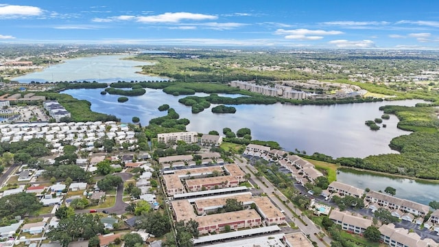 bird's eye view with a water view