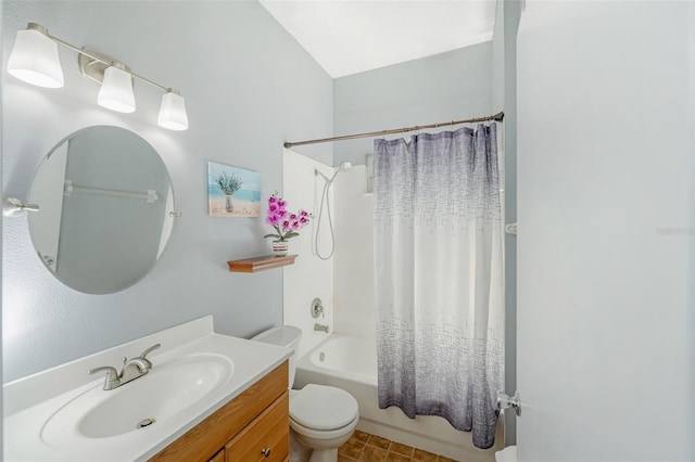 full bathroom with toilet, shower / bath combo, and vanity