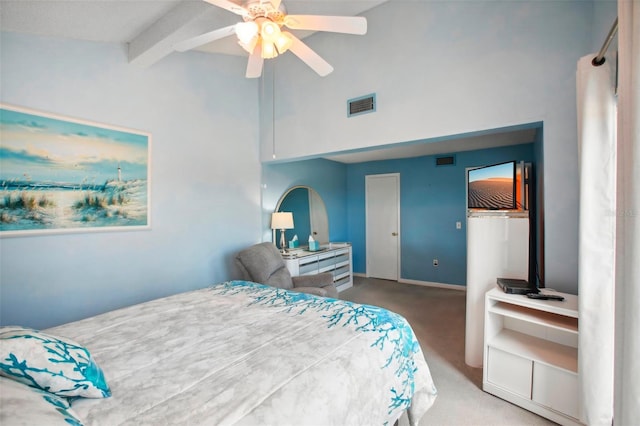343 Rex Pl Unit F, Madeira Beach, FL 33708 - bedroom with beamed ceiling, carpet, high vaulted ceiling, and ceiling fan