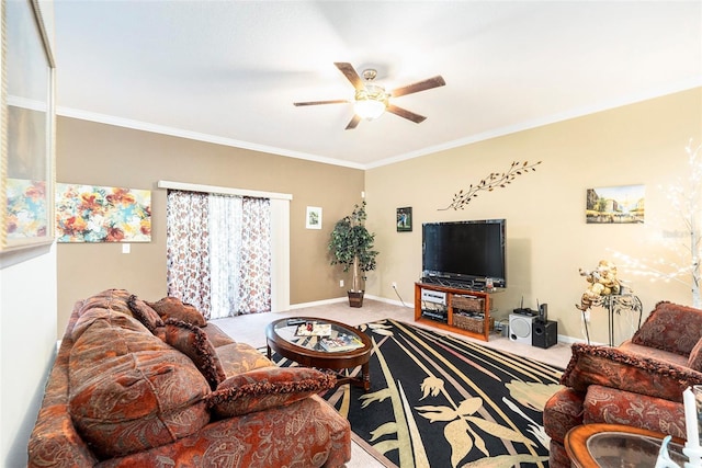 carpeted living room featuring ornamental molding and ceiling fan