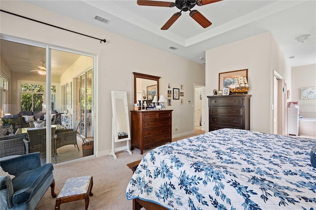 carpeted bedroom with ceiling fan and access to outside