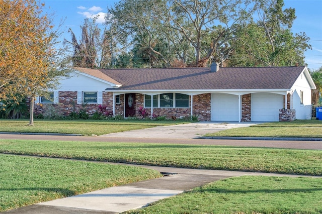 ranch-style house with a garage and a front lawn