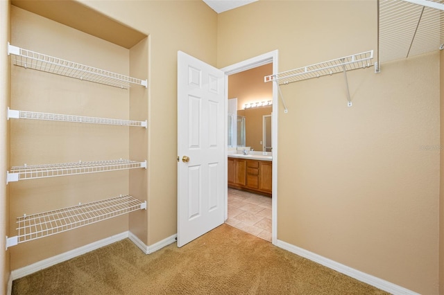 spacious closet featuring light colored carpet