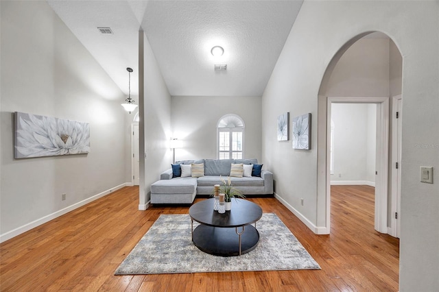 living room featuring a textured ceiling, vaulted ceiling, and light wood-type flooring