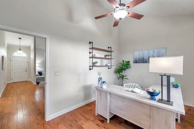 office featuring hardwood / wood-style flooring and ceiling fan