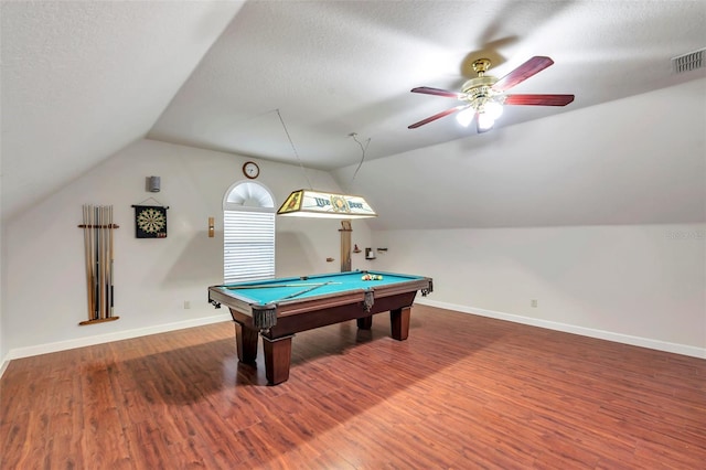 rec room featuring a textured ceiling, lofted ceiling, ceiling fan, billiards, and hardwood / wood-style flooring