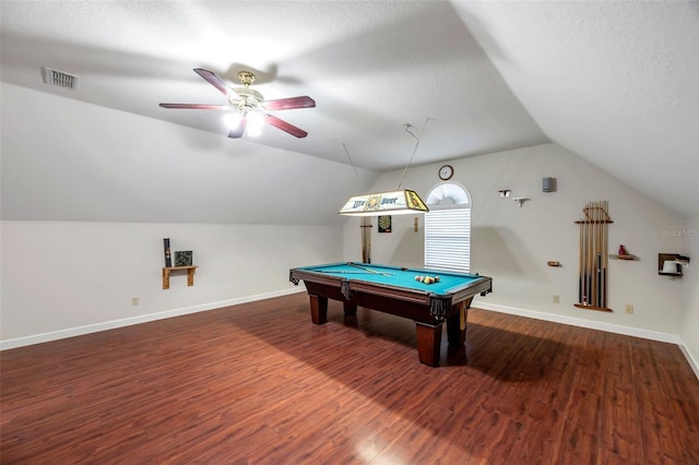 recreation room featuring a textured ceiling, lofted ceiling, dark wood-type flooring, pool table, and ceiling fan