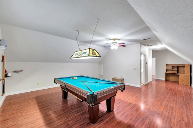 recreation room with ceiling fan, wood-type flooring, pool table, and vaulted ceiling