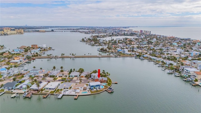 drone / aerial view featuring a water view