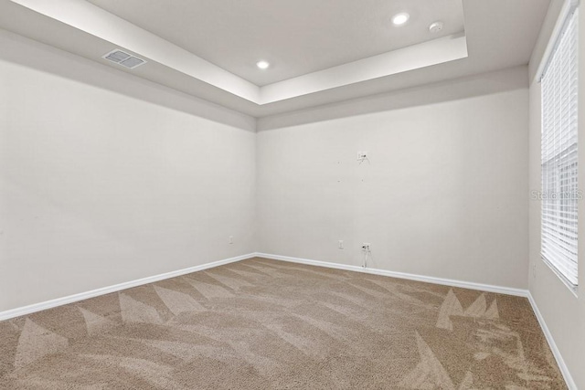 carpeted spare room with a raised ceiling