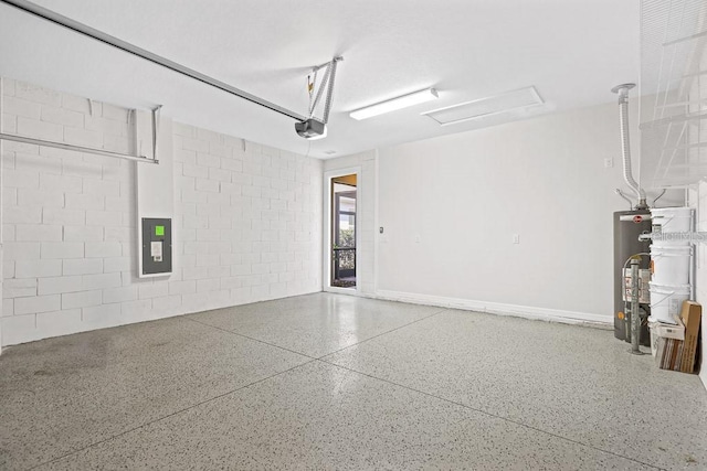 garage with a garage door opener, water heater, and electric panel