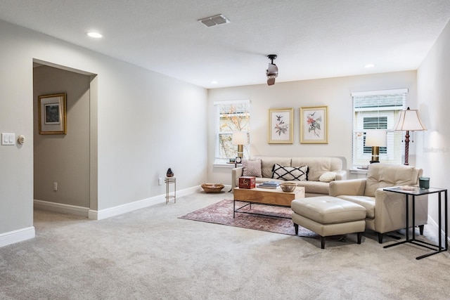 living room with a textured ceiling, plenty of natural light, and light colored carpet