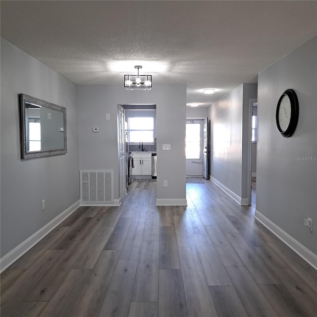 foyer entrance with a textured ceiling and dark wood-type flooring