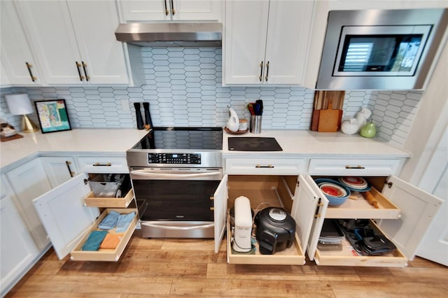 kitchen featuring tasteful backsplash, white cabinetry, stainless steel appliances, and light hardwood / wood-style flooring