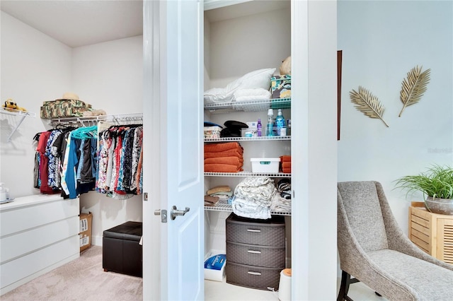 walk in closet featuring light colored carpet