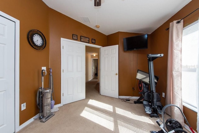 workout room with light colored carpet and vaulted ceiling