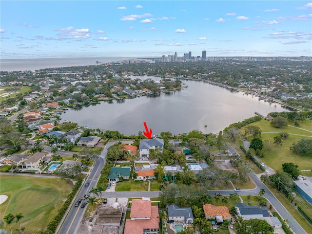 drone / aerial view featuring a water view