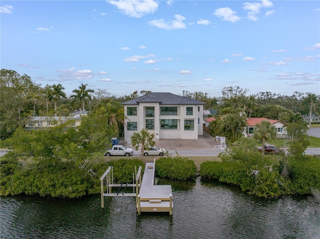 rear view of property with a patio area and a water view