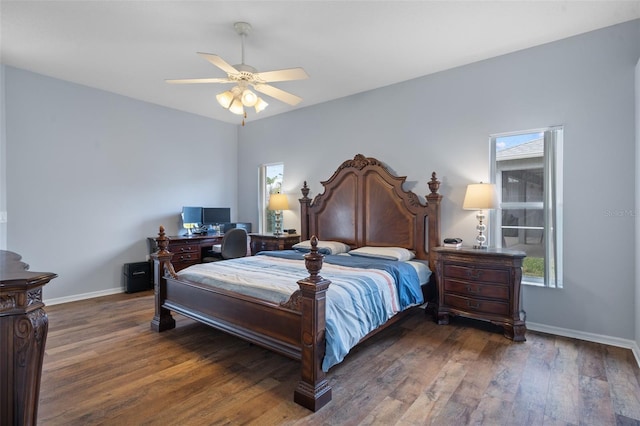 bedroom featuring ceiling fan and dark wood-type flooring