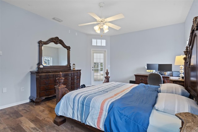 bedroom with ceiling fan and dark hardwood / wood-style flooring