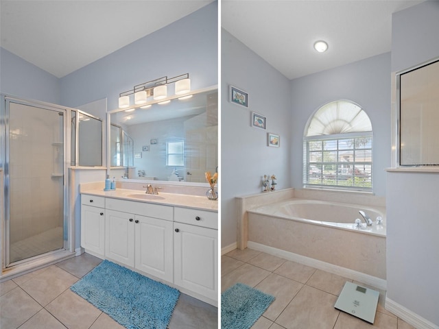 bathroom featuring plus walk in shower, vanity, tile patterned flooring, and lofted ceiling