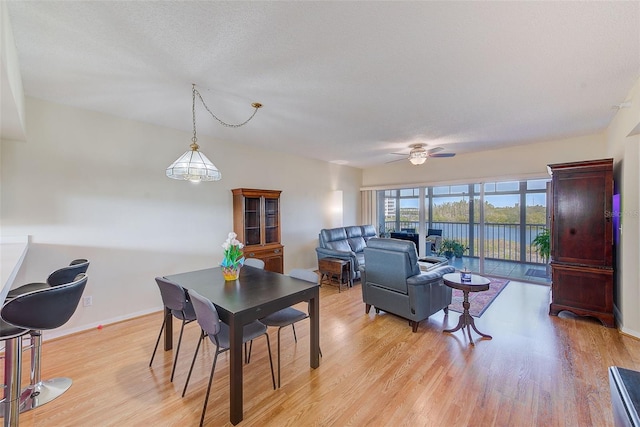 dining room with ceiling fan, light wood-type flooring, and a textured ceiling