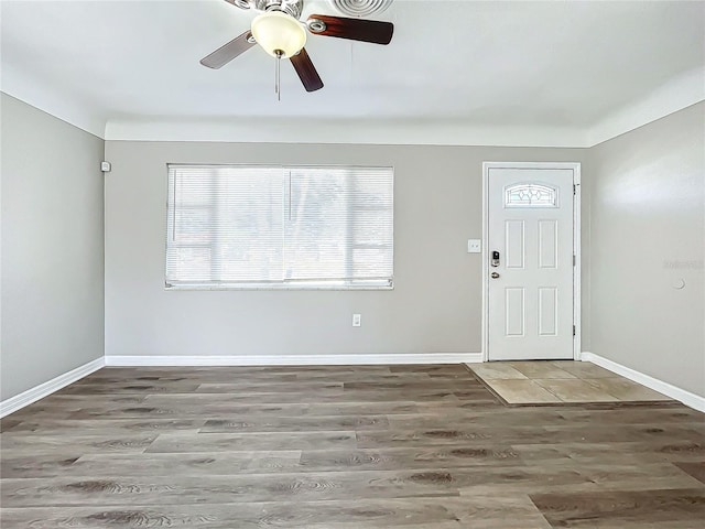 foyer with hardwood / wood-style flooring and ceiling fan