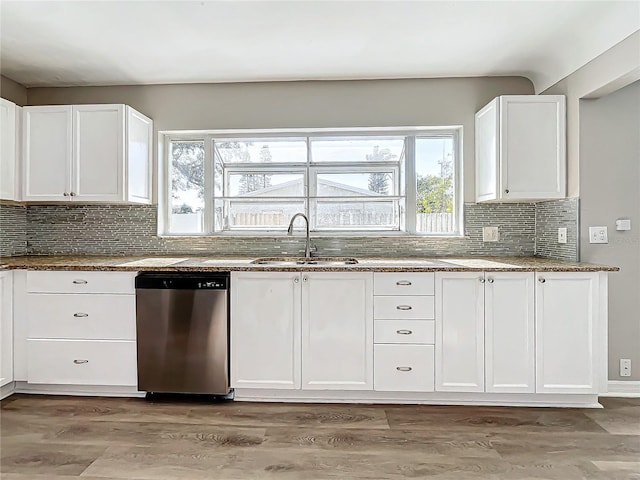 kitchen featuring dishwasher, stone countertops, white cabinetry, and sink