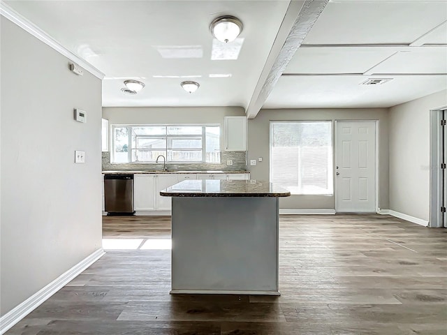 kitchen featuring stainless steel dishwasher, white cabinetry, sink, and tasteful backsplash