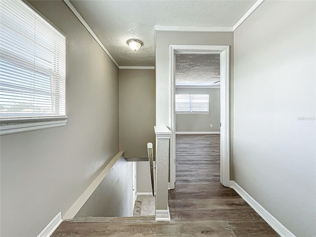 corridor featuring a textured ceiling, dark wood-type flooring, plenty of natural light, and ornamental molding