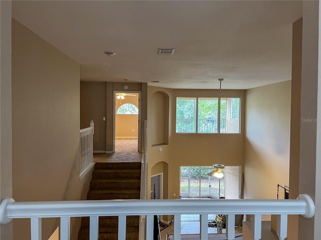 stairs featuring ceiling fan and a wealth of natural light