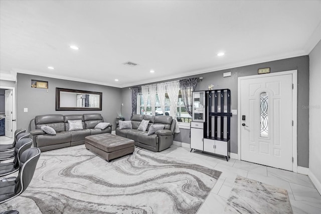 living room featuring ornamental molding