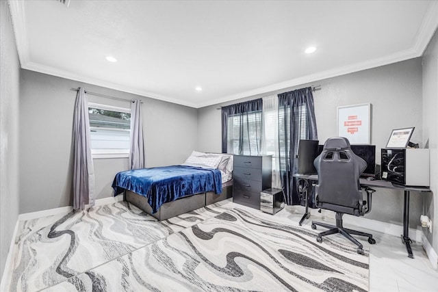 bedroom with ornamental molding