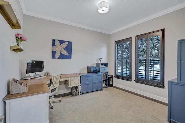 office space with light colored carpet and crown molding