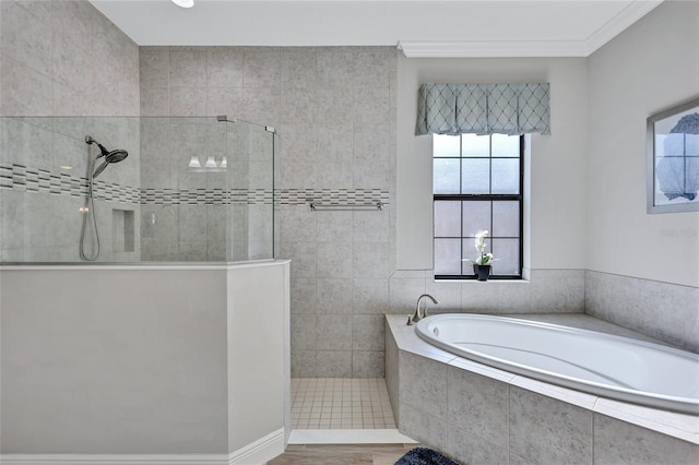 bathroom featuring independent shower and bath and crown molding