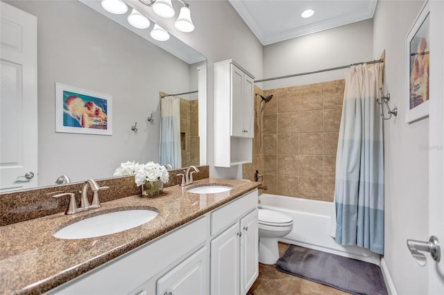 full bathroom featuring shower / tub combo, tile patterned flooring, toilet, vanity, and crown molding