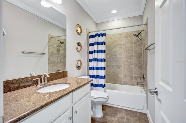 full bathroom with shower / bathtub combination with curtain, toilet, tile patterned floors, vanity, and crown molding