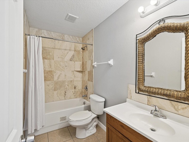 full bathroom featuring toilet, vanity, tile patterned flooring, shower / bathtub combination with curtain, and a textured ceiling