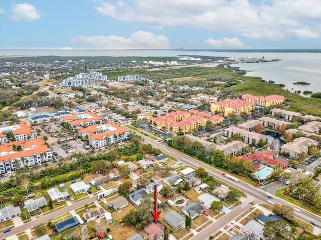 bird's eye view with a water view