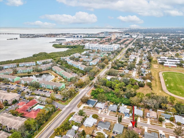 drone / aerial view with a water view