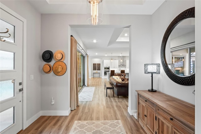 entryway with a tray ceiling, a healthy amount of sunlight, and light hardwood / wood-style flooring