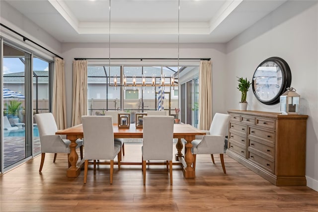 dining space with hardwood / wood-style flooring and a raised ceiling