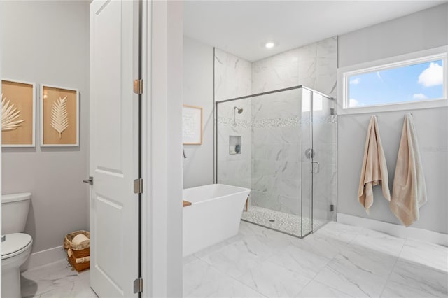 bathroom with shower with separate bathtub and toilet