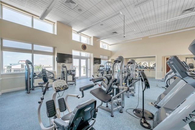 workout area with a high ceiling and a wealth of natural light