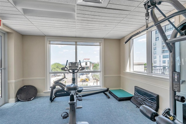 workout area with carpet flooring and a paneled ceiling