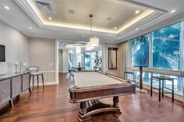 playroom featuring a raised ceiling, hardwood / wood-style flooring, ornamental molding, and billiards