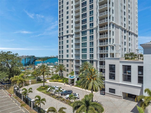 view of building exterior with a water view