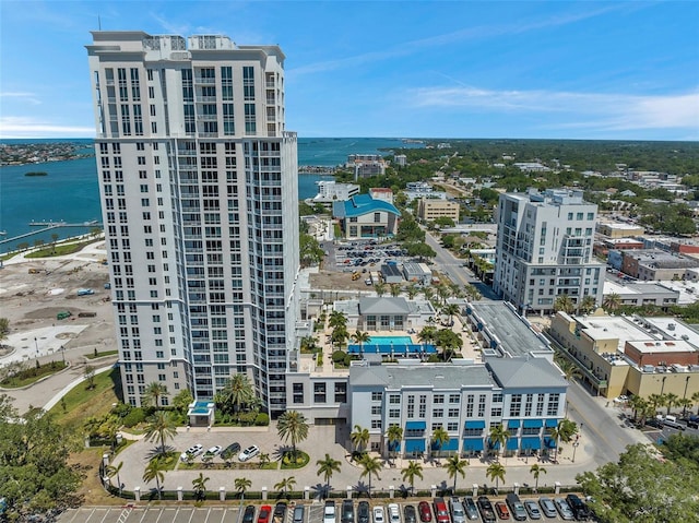 birds eye view of property featuring a water view